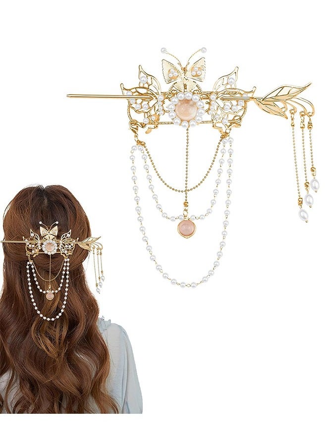 Ant Butterfly Tassel Chinese Hair Sticks, Gold Hanfu Pins Pearl Flower Hair Pins Vintage Classical Sticks, Long Tassel Chinese Hair Jewelry Accessories  - Image 1