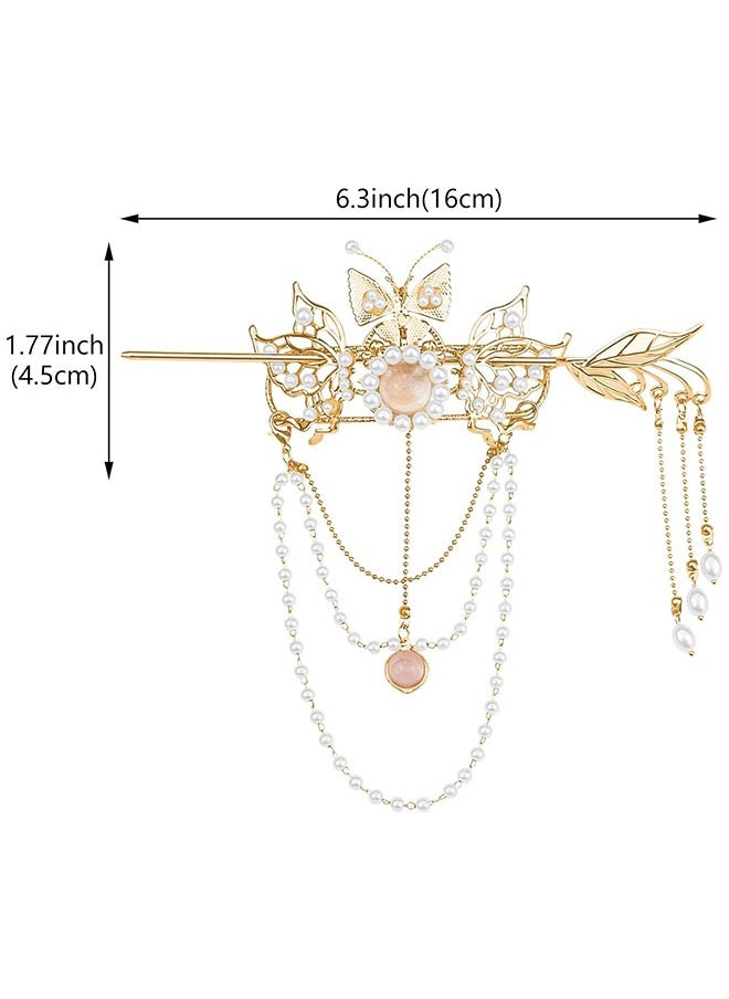 Ant Butterfly Tassel Chinese Hair Sticks, Gold Hanfu Pins Pearl Flower Hair Pins Vintage Classical Sticks, Long Tassel Chinese Hair Jewelry Accessories  - Image 2