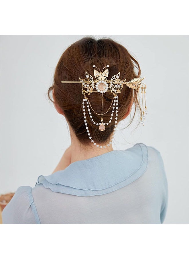 Ant Butterfly Tassel Chinese Hair Sticks, Gold Hanfu Pins Pearl Flower Hair Pins Vintage Classical Sticks, Long Tassel Chinese Hair Jewelry Accessories  - Image 4