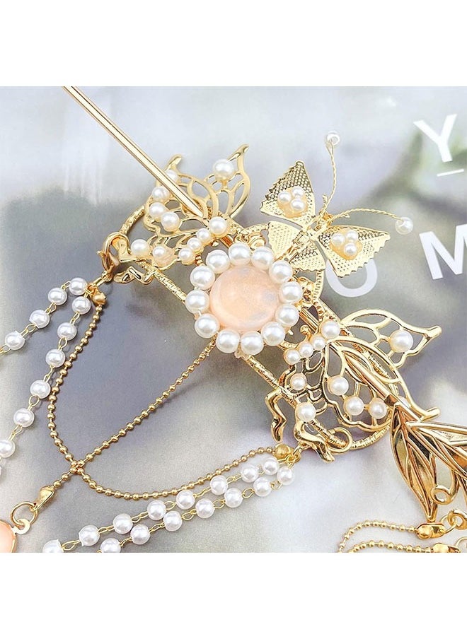 Ant Butterfly Tassel Chinese Hair Sticks, Gold Hanfu Pins Pearl Flower Hair Pins Vintage Classical Sticks, Long Tassel Chinese Hair Jewelry Accessories  - Image 5
