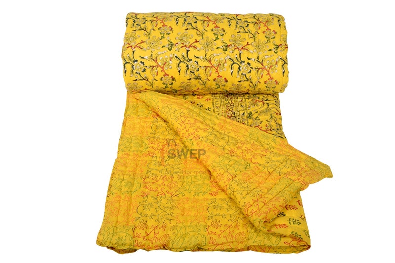 Swep & Shop Swep & Shop Hand Block Jaipuri razai/Quilt with Floral Print & Printed Border Double Bed Quilt with Organic Cotton Soft and Light Weight (90 x 105 inch) (NI-90) - Image 5