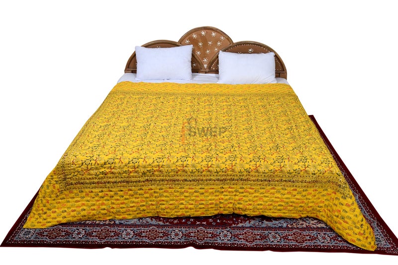 Swep & Shop Swep & Shop Hand Block Jaipuri razai/Quilt with Floral Print & Printed Border Double Bed Quilt with Organic Cotton Soft and Light Weight (90 x 105 inch) (NI-90) - Image 1