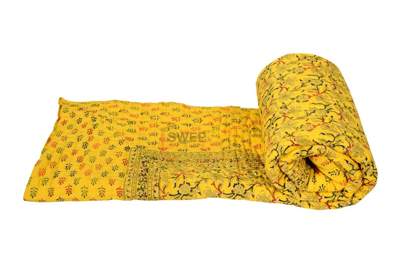 Swep & Shop Swep & Shop Hand Block Jaipuri razai/Quilt with Floral Print & Printed Border Double Bed Quilt with Organic Cotton Soft and Light Weight (90 x 105 inch) (NI-90) - Image 3