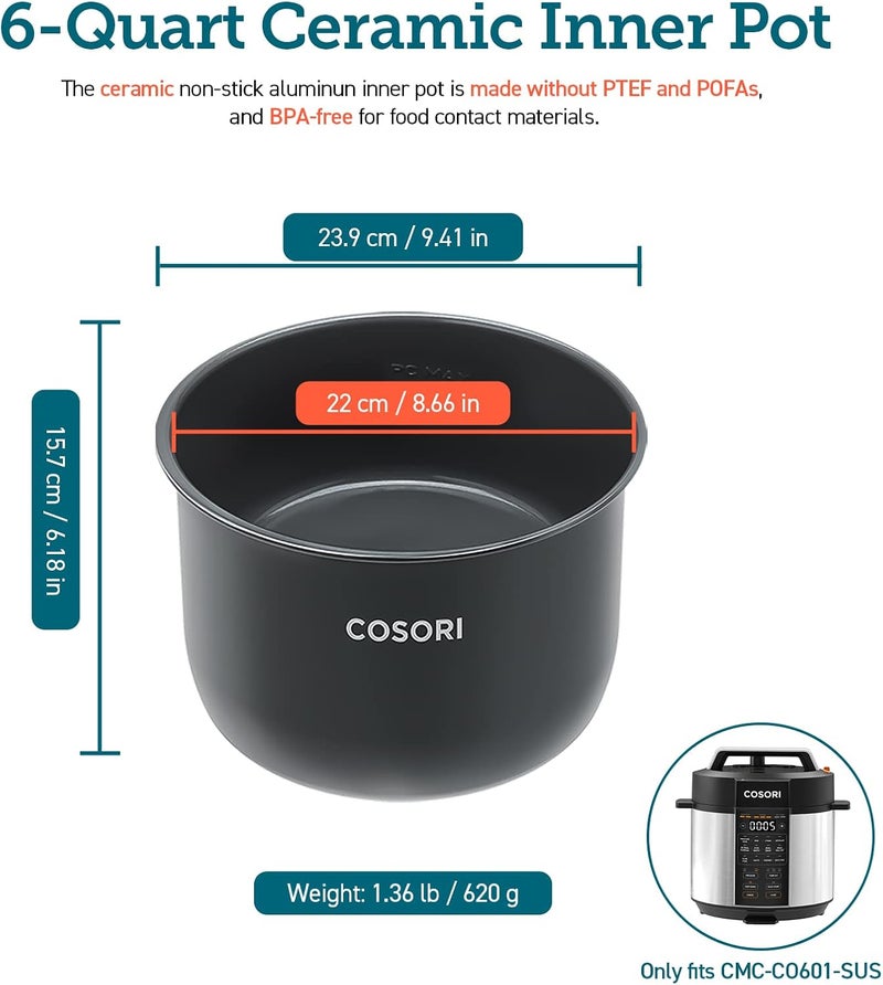COSORI Pressure Cooker Inner Pot, Compatible with CMC-CO601-SUS Only, Ceramic, BPA-Free, Non-Stick, CRP-CO601IP-SUS - Image 2