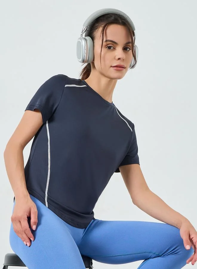 Styli Active Navy Blue Contrast Stitch Detail High Neck Short Sleeves Top
