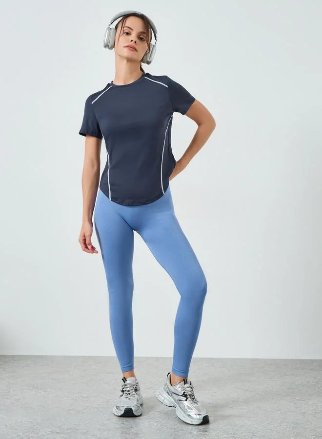 Styli Active Navy Blue Contrast Stitch Detail High Neck Short Sleeves Top