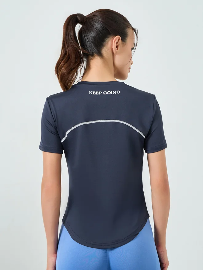 Styli Active Navy Blue Navy Blue Contrast Stitch Detail High Neck Short Sleeves Top for Women | Best Price UAE