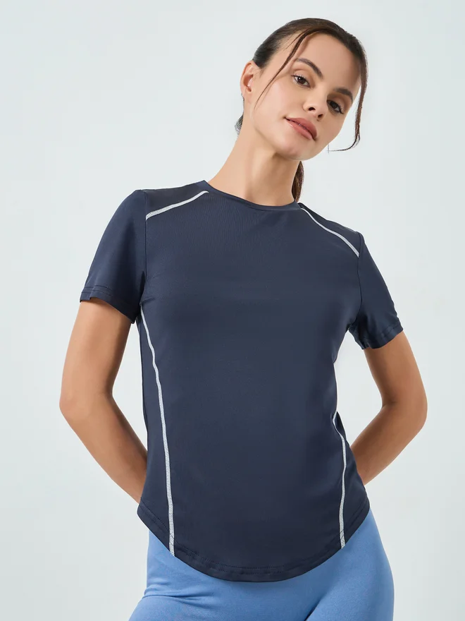 Styli Active Navy Blue Navy Blue Contrast Stitch Detail High Neck Short Sleeves Top for Women | Best Price UAE
