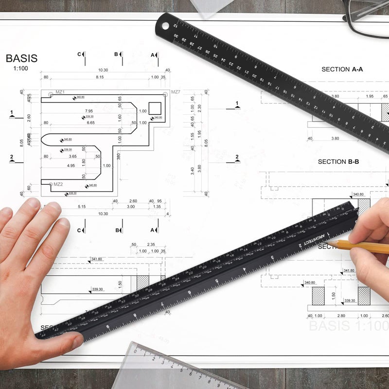 mveohos Architectural Scale Ruler With Straight Ruler  12 Inches Imperial Measurements  Blcak Laser-Etched Aluminum Architect Triangular Ruler For Architects  Engineers  Architects  Students And Draftsman - Image 5