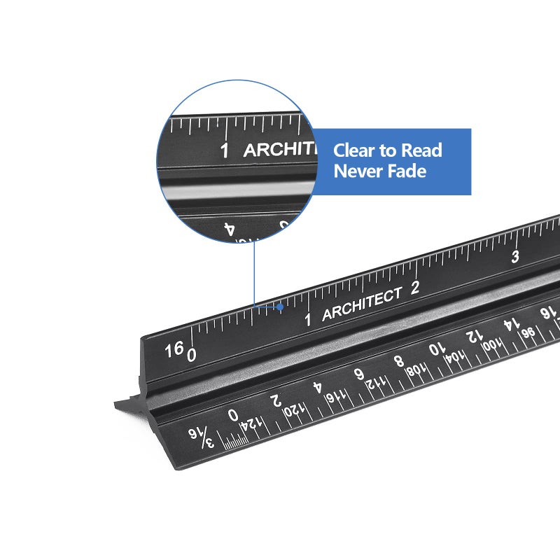 mveohos Architectural Scale Ruler With Straight Ruler  12 Inches Imperial Measurements  Blcak Laser-Etched Aluminum Architect Triangular Ruler For Architects  Engineers  Architects  Students And Draftsman - Image 4