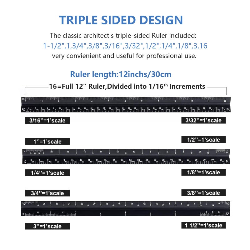 mveohos Architectural Scale Ruler With Straight Ruler  12 Inches Imperial Measurements  Blcak Laser-Etched Aluminum Architect Triangular Ruler For Architects  Engineers  Architects  Students And Draftsman - Image 2