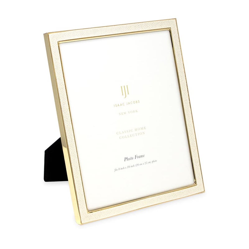 Isaac Jacobs 8x10 White Leather with Gold Metal (Vertical & Horizontal) Picture Frame  Shagreen Border w/Black Fabric Easel  Wall-Mountable  Made For Tabletop  Photo Gallery (8x10  White W/Gold) - Image 1