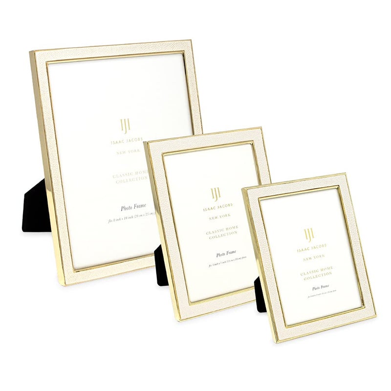 Isaac Jacobs 8x10 White Leather with Gold Metal (Vertical & Horizontal) Picture Frame  Shagreen Border w/Black Fabric Easel  Wall-Mountable  Made For Tabletop  Photo Gallery (8x10  White W/Gold) - Image 5