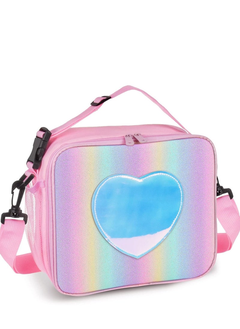 SYOSI Children Lunch Box Rainbow Laser Tote Leakproof Insulated Lunch Bag Reusable Insulated Bento Bag Picnic Ice Bag Girls Simple Shoulder Bag for School and Outdoor Backpack (Pink)  - Image 1