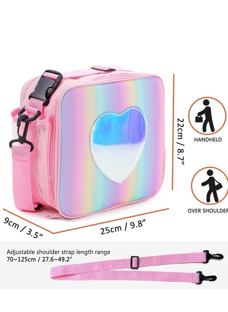 SYOSI Children Lunch Box Rainbow Laser Tote Leakproof Insulated Lunch Bag Reusable Insulated Bento Bag Picnic Ice Bag Girls Simple Shoulder Bag for School and Outdoor Backpack (Pink)  - Image 3
