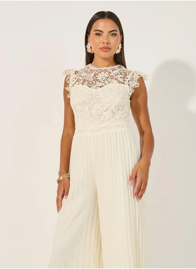 Styli Styli Lace Insert Frill Detail Pleated Wide Leg Jumpsuit