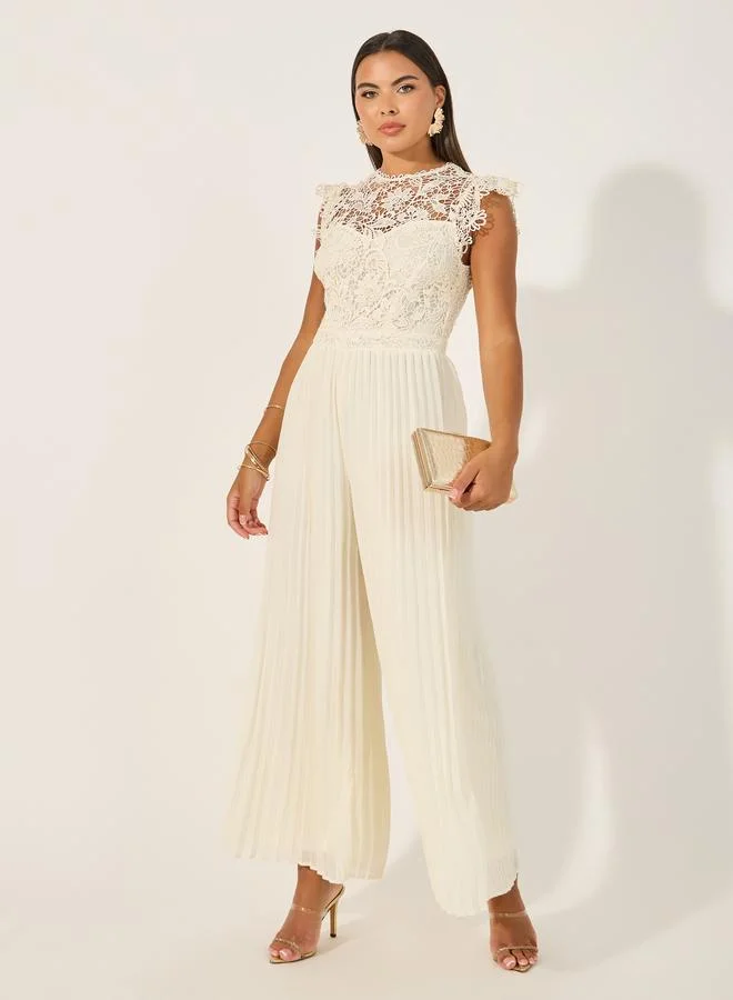 Styli Lace Insert Frill Detail Pleated Wide Leg Jumpsuit