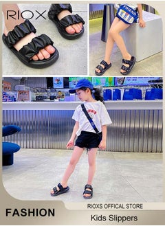RIOXS Kids Slippers, Comfy Beach Slippers For Girls, Non-Slip Soft Sole Open Toe Sandals, Unisex Slippers For Outdoor Or Indoor Use, Fashion Summer Low Heel Sandals, Double Straps Slip-ons  - Image 3