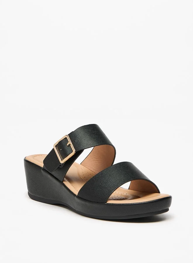 Flora Bella By Shoexpress Metallic Slip-On Sandals with Wedge Heels and Buckle Detail