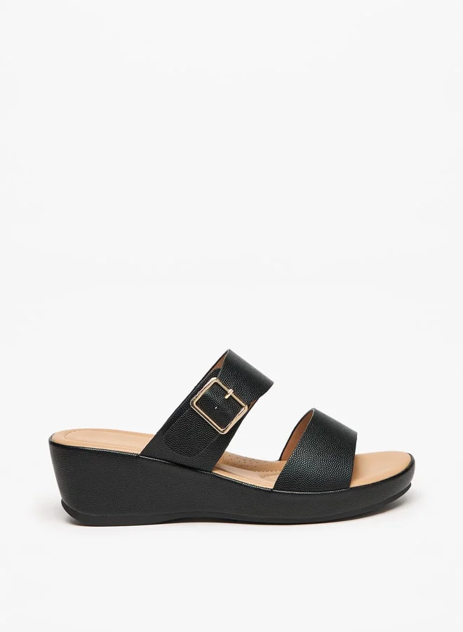 Flora Bella By Shoexpress Metallic Slip-On Sandals with Wedge Heels and Buckle Detail