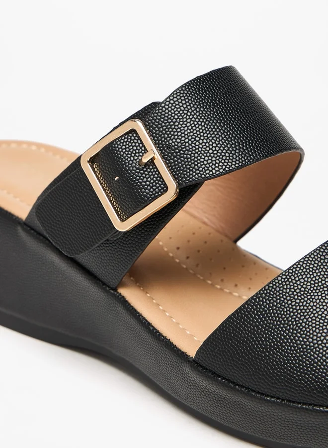 Flora Bella By Shoexpress Metallic Slip-On Sandals with Wedge Heels and Buckle Detail