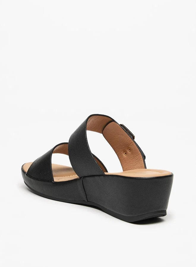 Flora Bella By Shoexpress Metallic Slip-On Sandals with Wedge Heels and Buckle Detail