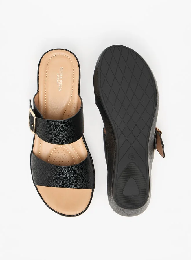 Flora Bella By Shoexpress Metallic Slip-On Sandals with Wedge Heels and Buckle Detail