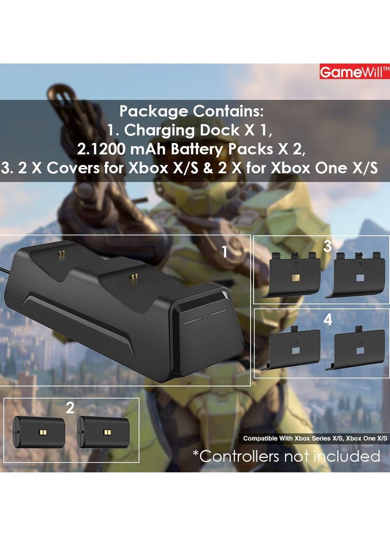 GameWill - Dual Charging Dock with 2 x Rechargeable Battery Packs [EXTRA POWER 1200 mAh] for Xbox Series X and Series S (also compatible with Xbox One X/S) - Black - Image 1