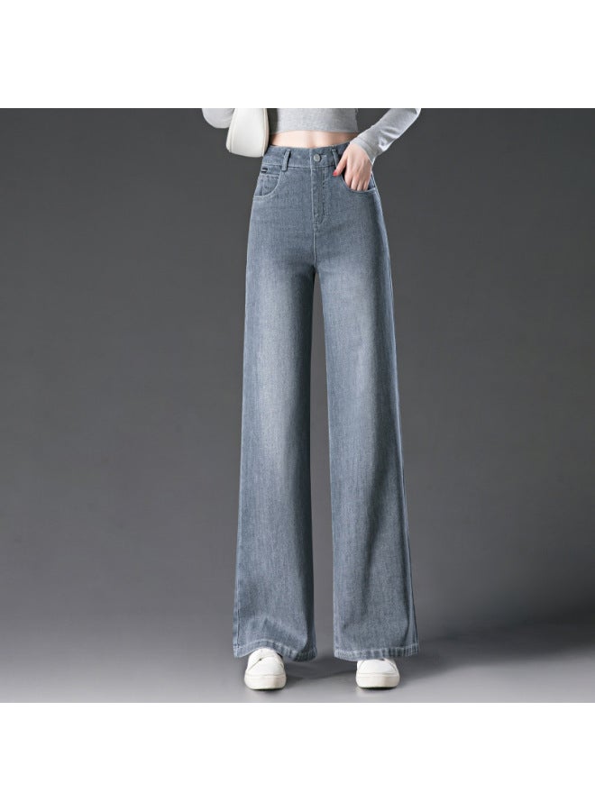 1057 High Waist Jeans Women's Loose Slim Look Tall All-match Straight Tube Smoke Ash Wide Leg Pants Women's Cement Ash 