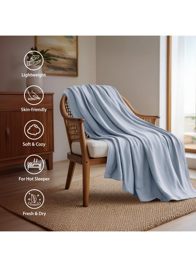 LOKIPA Mid Size Blanket, 70% Rayon (Derived from Bamboo) and 30% Cotton, Lightweight Jacquard Weave, Breathable and Soft All-Season Blanket for Bed or Couch, 120 x 200 cm (47.2" x 78.7"), Light Blue - Image 4