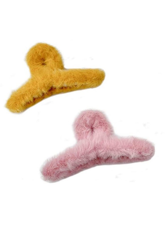 DN Creation Set of 2 Cute Soft Faux Rabbit Fleece Fur Curve, Non Slip Large Barrettes Large Fuzzy Hair Clips Claw Clutcher,Hair Styling Accessories For Women & Girls - Random Color - Image 1