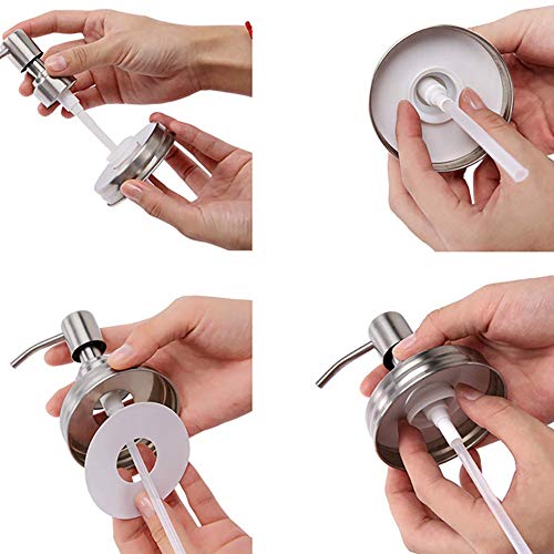 Watsango 2 Pack Mason Jar Soap Dispenser Lids with Pumps, Rustproof Stainless Steel Lotion Dispenser Lids Replacement for 16 oz Regular Mouth Mason Jar Decor, 2 Brushes Included Silver - Image 5