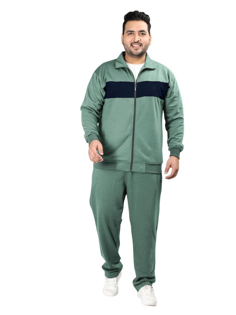 CHKOKKO Mens Plus Size High Neck Winter Tracksuit Full Zip Jacket with Elastic Waist Lower Warm Soft Jogging Suit Activewear Set for Gym Running and Casual Wear PastelGreenNavy XXL - Image 1
