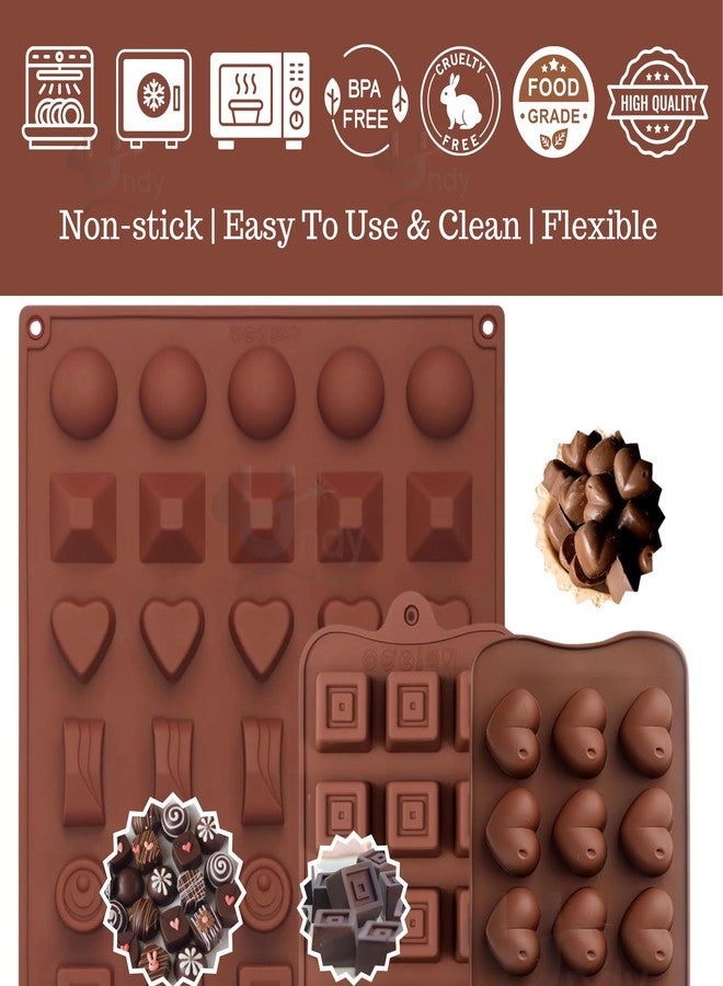 Undy 3 Pcs Chocolate Mould Set | Heart Square Rectangle Round Sphere Pyramid Shape | Silicone Mold for Candy Jelly Wax Melts Fudge Mini Soaps Ice Cube | Reusable Non-Stick | 60 Cavity | Brown - Image 3