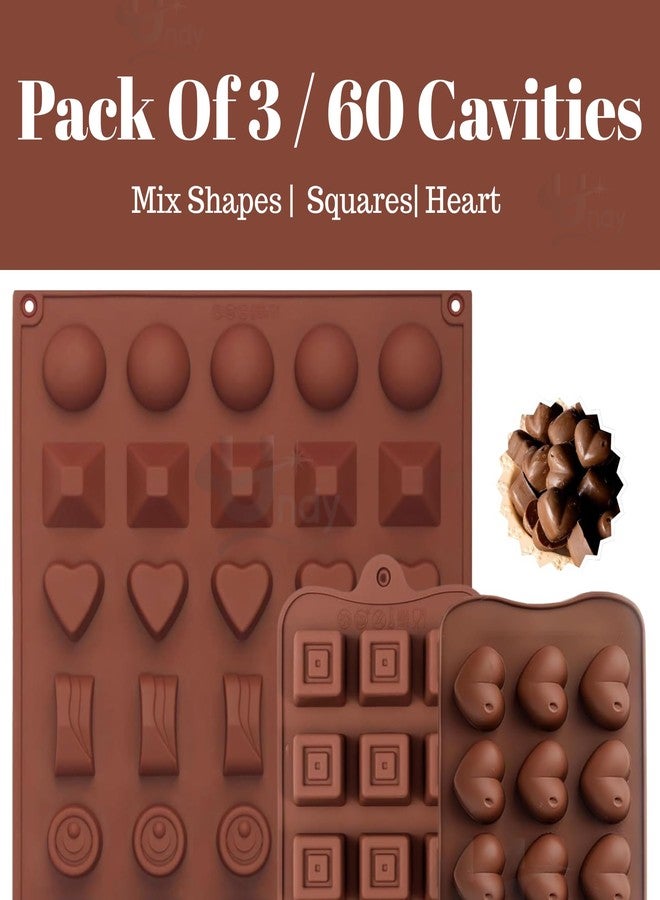 Undy 3 Pcs Chocolate Mould Set | Heart Square Rectangle Round Sphere Pyramid Shape | Silicone Mold for Candy Jelly Wax Melts Fudge Mini Soaps Ice Cube | Reusable Non-Stick | 60 Cavity | Brown - Image 2