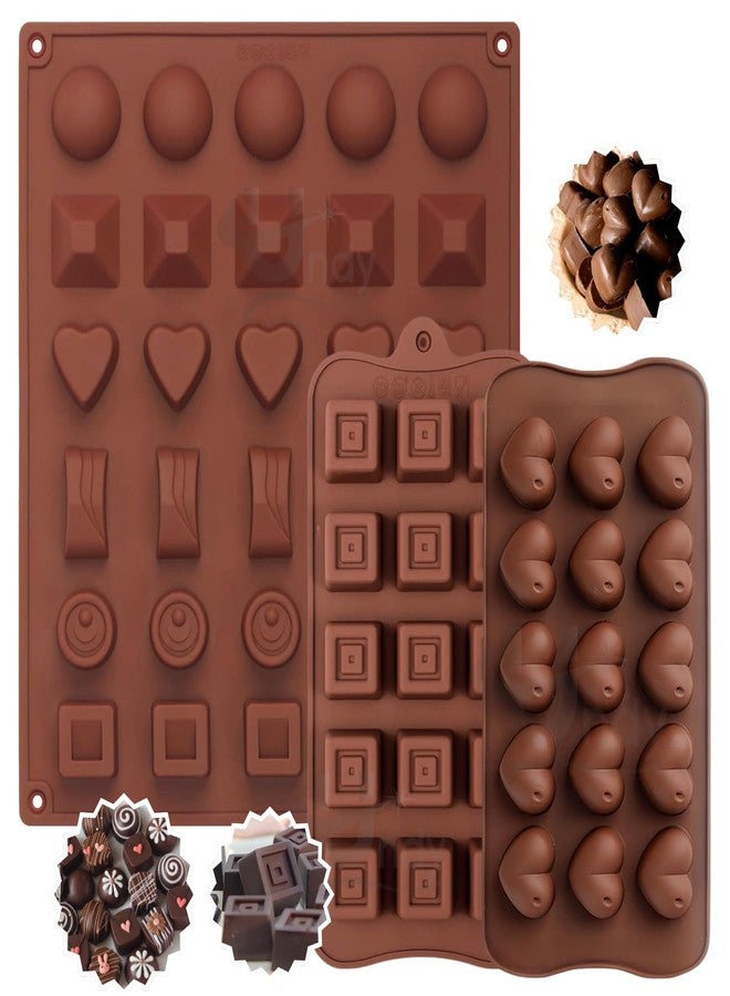 Undy 3 Pcs Chocolate Mould Set | Heart Square Rectangle Round Sphere Pyramid Shape | Silicone Mold for Candy Jelly Wax Melts Fudge Mini Soaps Ice Cube | Reusable Non-Stick | 60 Cavity | Brown - Image 1