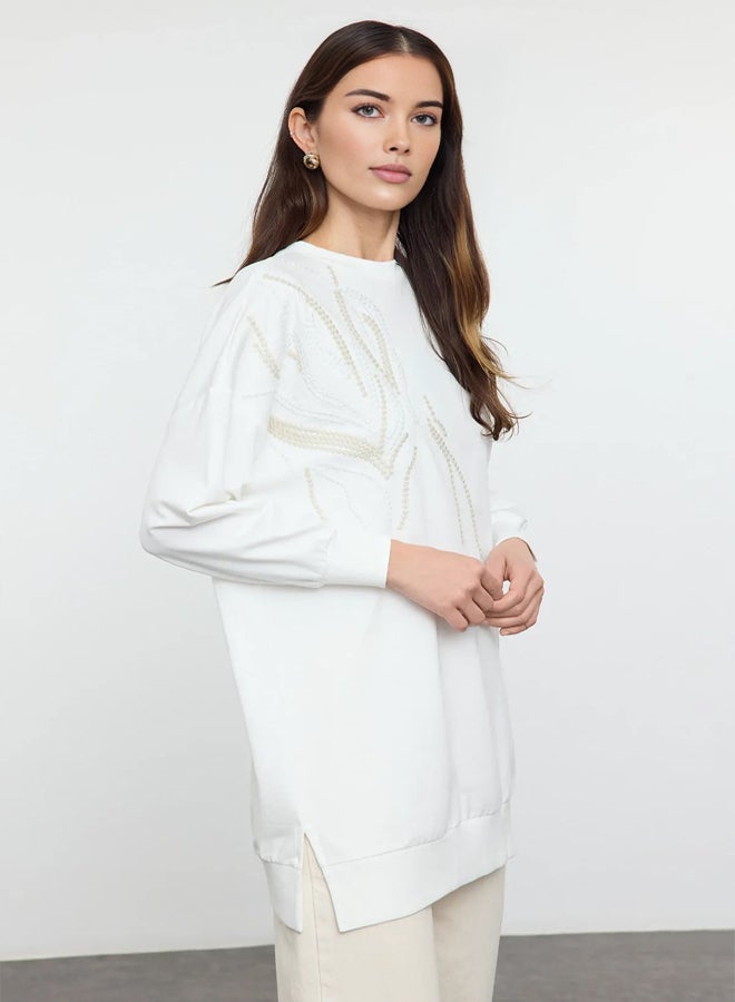 trendyol Ecru Embroidery Detailed Knitted Sweatshirt - Image 1