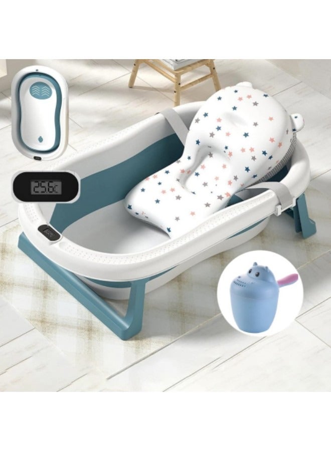 GGEROU حوض استحمام قابل للطي للأطفال، مع وسادة حصيرة الاستحمام، ومقياس حرارة، ومغرفة مياه، وحوض استحمام محمول قابل للطي للأطفال مع فتحة تصريف، باللون الأزرق - Image 1