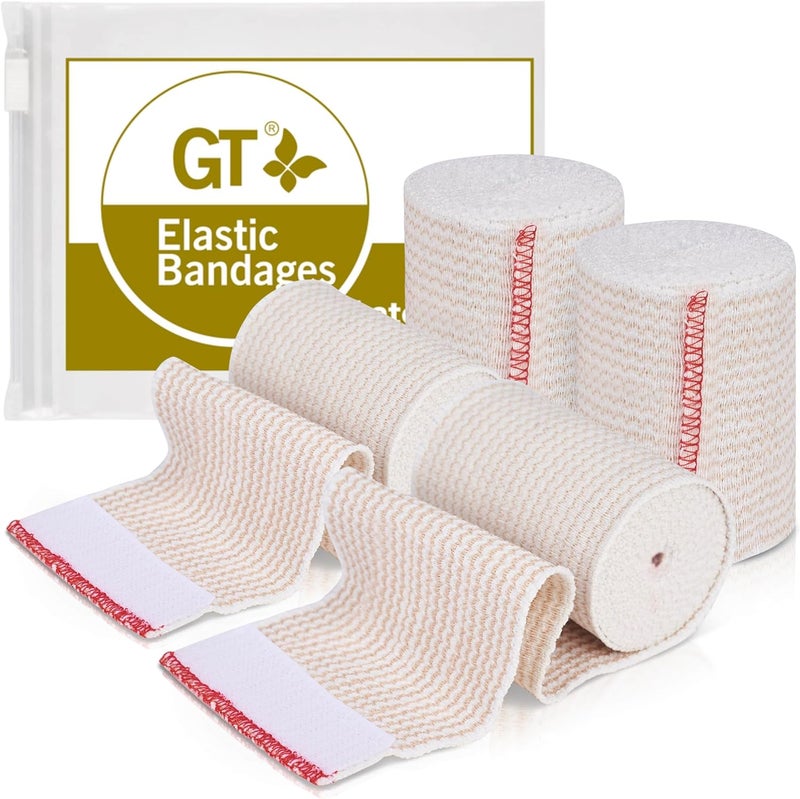 GT Premium Elastic Bandage Wrap (3" 4 Pack) - Hook & Loop Fasteners at Both Ends - Latex Free Hypoallergenic Compression Roll - Reusable Bandages for Waist, Legs, Elbow & Knee Wrap 