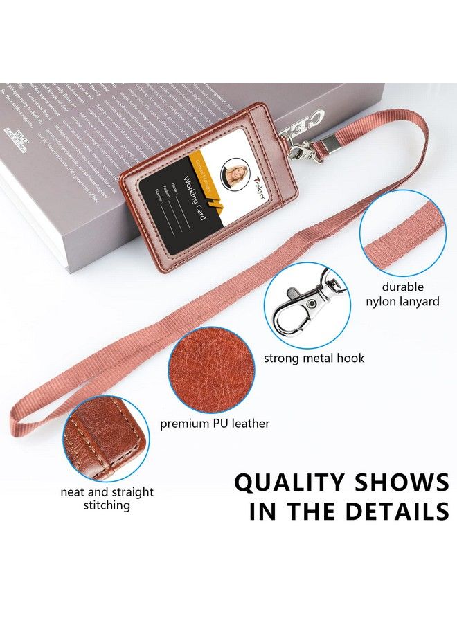 Teskyer Leather Id Badge Holder Vertical Pu Leather Id Badge Holder With 1 Clear Id Window & 1 Credit Card Slot And A Detachable Neck Lanyard Brown - Image 5