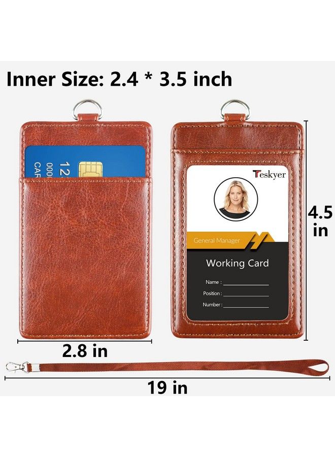 Teskyer Leather Id Badge Holder Vertical Pu Leather Id Badge Holder With 1 Clear Id Window & 1 Credit Card Slot And A Detachable Neck Lanyard Brown - Image 4