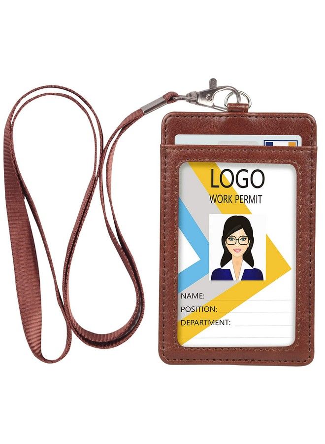 Teskyer Leather Id Badge Holder Vertical Pu Leather Id Badge Holder With 1 Clear Id Window & 1 Credit Card Slot And A Detachable Neck Lanyard Brown - Image 1