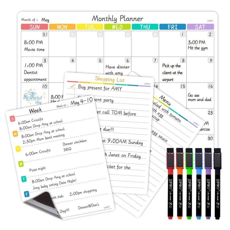 JJPRO Magnetic Monthly Calendar Whiteboard Set for Refrigerator-Monthly Planning Board, Weekly Menu Planner and to Do List for Fridge with 6 Markers-14.5" x11 - Image 1