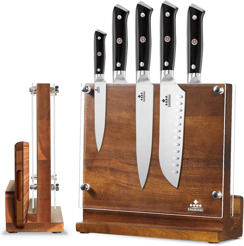 ENOKING Magnetic Knife Block with Acrylic Shield, Double Side Kitchen Knife Holder without Knives- Acacia Wood Universal Knife Storage Organizer with Powerful Magnet for Kitchen Counter - Image 1
