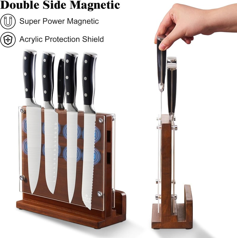 ENOKING Magnetic Knife Block with Acrylic Shield, Double Side Kitchen Knife Holder without Knives- Acacia Wood Universal Knife Storage Organizer with Powerful Magnet for Kitchen Counter - Image 2