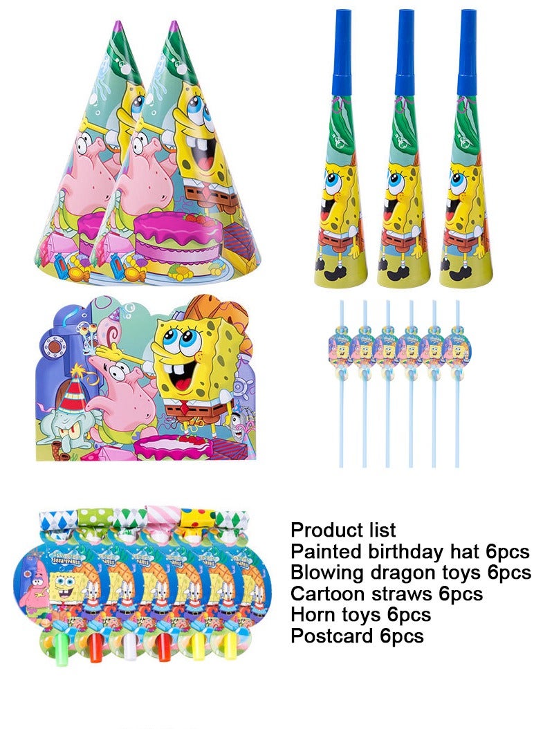 Party Birthday Party Toy Supplies SpongeBob SquarePants Theme Party Balloon Invitation Card Straw Tricorne Cap - Image 1