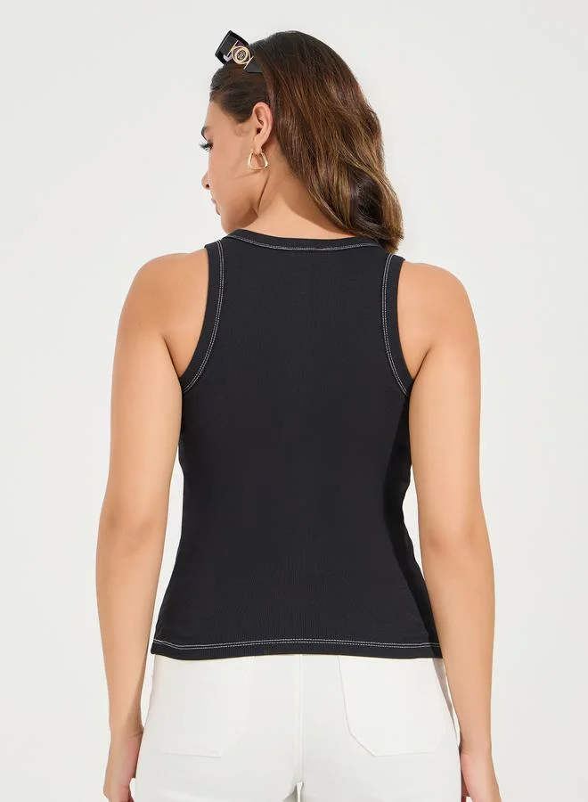 Styli Solid Round Neck Racerback Contrast Stitch Tank Top
