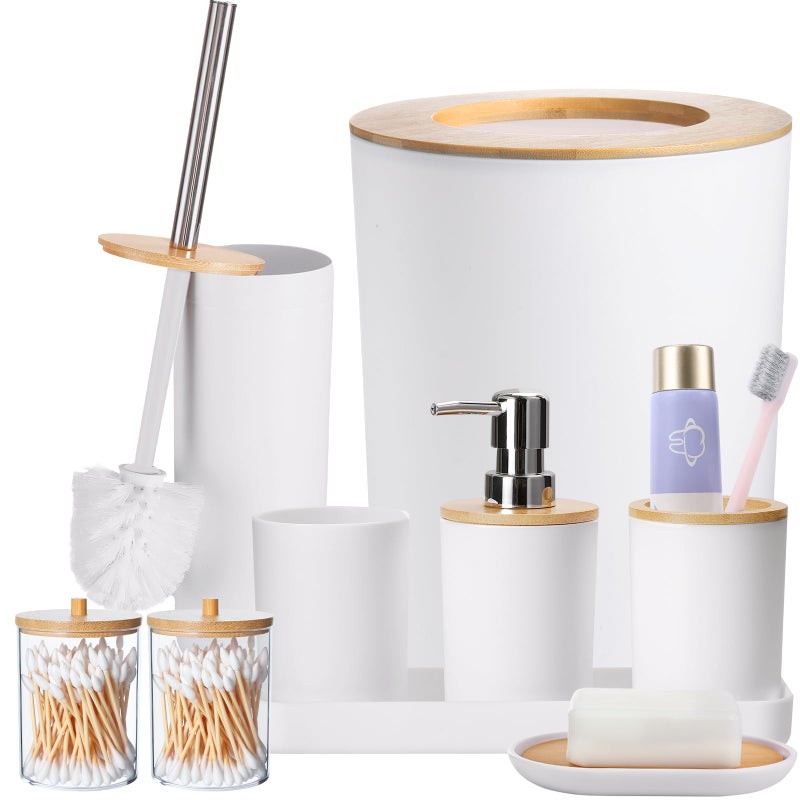 SLDIYWOW SLDIYWOW White Bathroom Accessories 9Piece White Bathroom Set with Trash CanVanity Tray Soap Dispenser Soap Dish Toothbrush Holder Toothbrush CupToilet Brush and Qtip Holders 