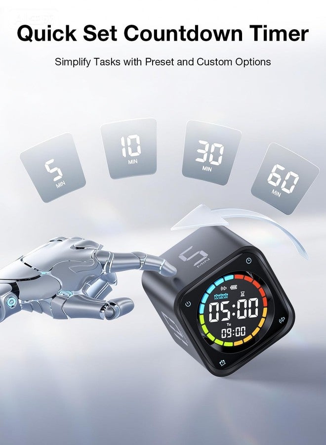 Ticktime TK3 Pomodoro Timer Cube, Desk Productivity Timer with 5/10/30/60 Min Presets, Custom Countdown, Stopwatch, Clock, 3 Alarm, Silent, Vibrate & Sound Mode, for Task, ADHD, Study, Kitchen,Obsidian Black - Image 3
