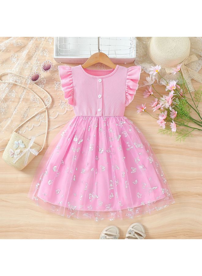 Summer Girls' Flying Sleeves Flower Embroidered Mesh Kidsren's Dress Little Princess Dress Bow Dress
